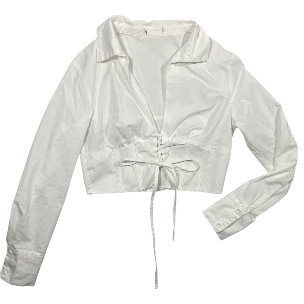 White Long Sleeve Crop Blouse Size Small Coquette Bow Front Tie Up Solid Shirt
